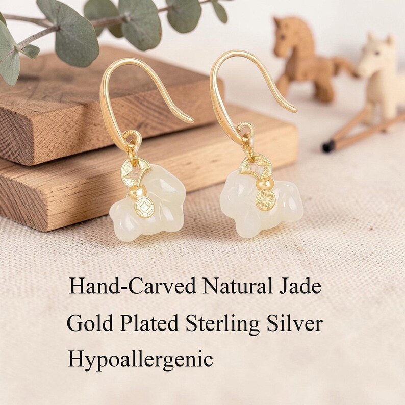 Hand-Carved Jade Horse Earrings, Gold Plated 925 Silver Dangle Drop, Zodiac Animal Amulet, Success Blessing Gift, Asian Artisan Jewelry image 3