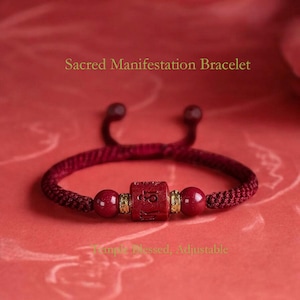 Genuine Cinnabar Bracelet | Spinning Mantra Wheel | Mount Putuo Blessed Amulet | Red String Protection | Zodiac Year Talisman