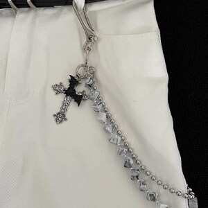 Ink white beads Wallet Chain,Y2K Jeans Chain,Gothic Pants Chain,Cross keychain,Handmade Wallet Chain,Punk Wallet Chain,Jewelry Wallet Chain