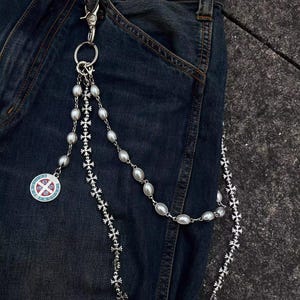 layered pearls Wallet Chain,Y2K Jeans Chain,Gothic Pants Chain,Cross keychain,Handmade Wallet Chain,Punk Wallet Chain,Jewelry Wallet Chain