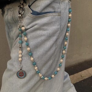 Cadena para billetera con cuentas de piedra agrietada azul y blanca, cadena para jeans, cadena para pantalones góticos, cadena para billetera de motociclista, cadena para billetera hecha a mano, cadena para billetera punk