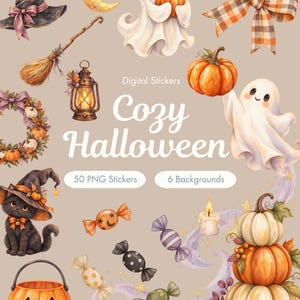 Puede incluir: Una colección de pegatinas digitales de Halloween en acuarela que incluye un sombrero de bruja, luna creciente, fantasmas, lazo a cuadros, escoba, linterna, corona, gato negro, cubo de calabaza, dulces, vela y calabazas apiladas con el texto Cozy Halloween.