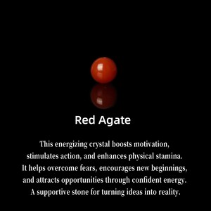 May include: A polished, round red agate gemstone, displayed against a black background. The text "Red Agate" is below the stone. The image also includes text describing the stone's properties.