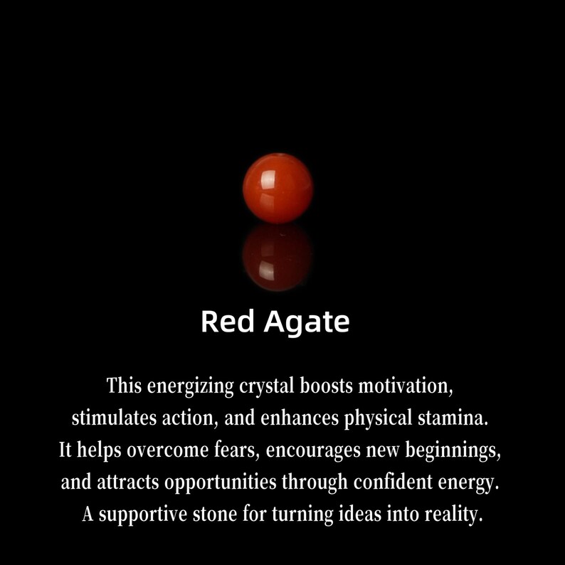 May include: A polished, round red agate gemstone, displayed against a black background. The text "Red Agate" is below the stone. The image also includes text describing the stone's properties.