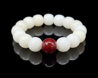 12mm White Jade Bodhi & Incense Ash Bead Bracelet - Buddhist Amulet