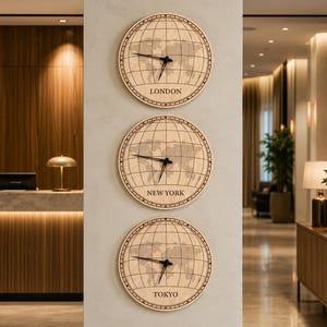 Puede incluir: Tres relojes redondos de madera con husos horarios, con los nombres "LONDON", "NEW YORK" y "TOKYO". Cada reloj tiene manecillas negras y un diseño de mapa del mundo. Están montados en una pared gris clara.