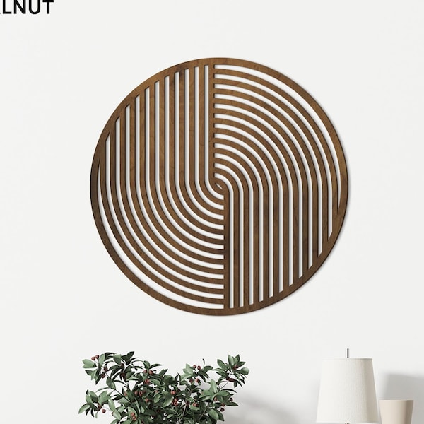 Arte de pared de madera redonda, arte de círculo geométrico, decoración redonda moderna, decoración redonda bohemia, arte de pared abstracto grande de madera, arte de pared moderno de mediados de siglo de madera