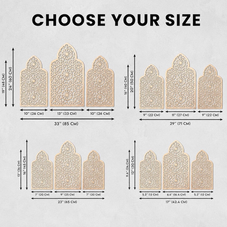K&ouml;nnte beinhalten: Eine Gr&ouml;&szlig;entabelle f&uuml;r vier Sets aus drei gew&ouml;lbten Holzpaneelen mit komplexen geometrischen Ausschnitten. Der Text CHOOSE YOUR SIZE steht oben. Die Ma&szlig;e sind f&uuml;r jedes Paneel und die Gesamtbreite jedes Sets in Zoll und Zentimetern angegeben.