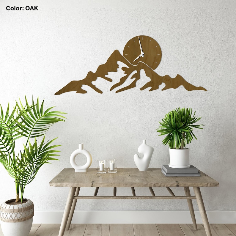 Mountain Wall Clock Wood, Wood Mountain Clock, Landscape Wall Clock ...