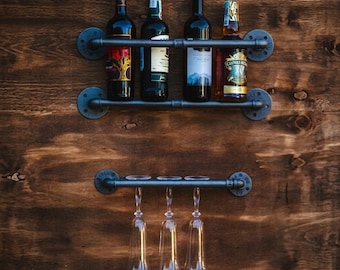 ワインボトルとグラスラック、インダストリアルワインラック、スチームパンクワインラック、パイプワインラック、ラスティックワインホルダー、メタルワインホルダー、壁掛けバーシェルフ