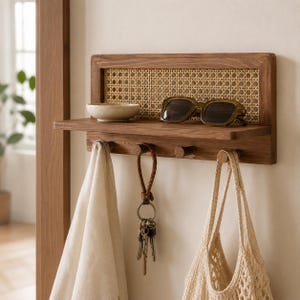 Könnte beinhalten: Ein wandmontiertes Holzregal mit einem rechteckigen Rahmen und einer Rückwand aus geflochtenem Rohrgeflecht. Das Regal verfügt über vier zylindrische Haken zum Aufhängen von Gegenständen, sowie eine kleine Keramikschale, eine Sonnenbrille, Schlüssel, ein Tuch und eine Tasche.