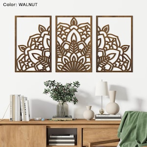 Mandala wall art set of 3, Mandala wood wall decor, Wooden boho wall art, Lotus wall art set, Wood flower wall art, Buddhist wall art