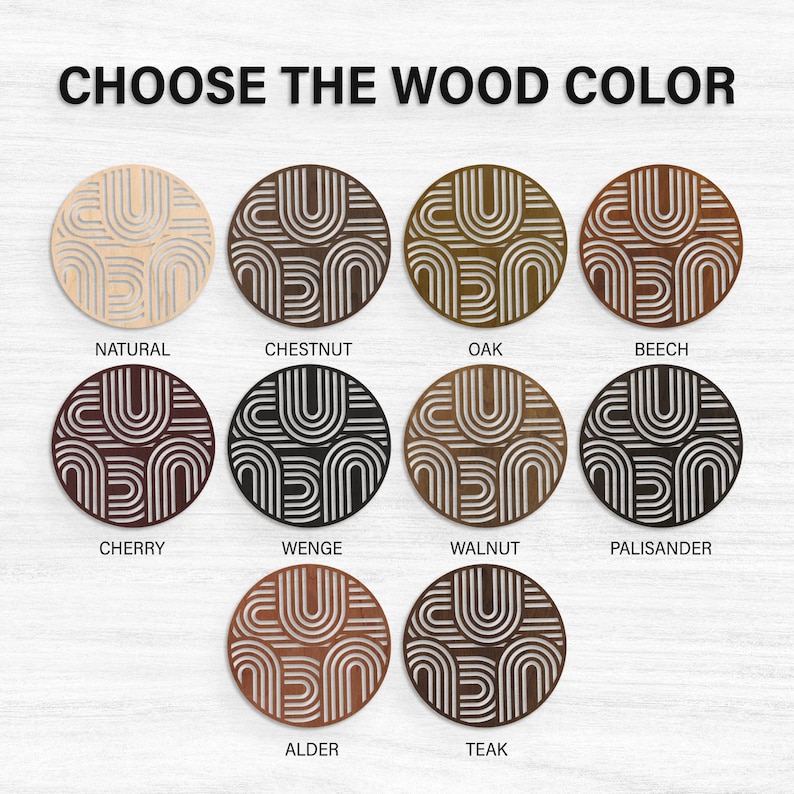 K&ouml;nnte beinhalten: Eine Farbkarte mit dem Titel CHOOSE THE WOOD COLOR, die zehn kreisf&ouml;rmige Holzscheiben mit einem geometrischen Bogenmuster zeigt. Die Scheiben sind mit Natural, Chestnut, Oak, Beech, Cherry, Wenge, Walnut, Palisander, Alder und Teak beschriftet und zeigen verschiedene Holzt&ouml;ne.