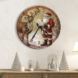 Weihnachtsmann- und Rentieruhr, Weihnachtsmann- und Rentierwandkunst, Weihnachtsmann-Wanduhr, Weihnachtswanduhren, Neujahrsuhr, Vintage Weihnachtsmannkunst