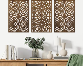 Lattice wall panel, Boho wall art set of 3, Geometric wood wall decor, Moroccan wood panel, Wooden boho wall art,Decorative wood panel