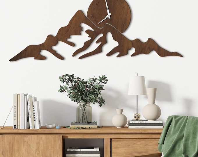 Mountain wall clock wood, Wood mountain clock, Landscape wall clock, Nature wall clock, Forest wall clock, Woodland wall clock