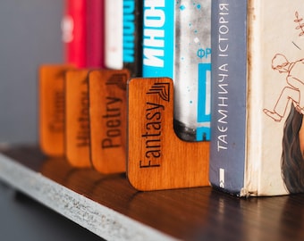 Bookshelf dividers by grade, Bookshelf genre labels signs, Book seperator wooden, Bookshelf tabs, Home library divider, Book organization