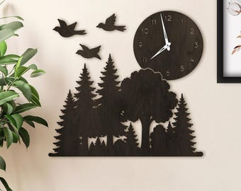 Forest wall clock, Nature wall clock, Tree wall clock, Woodland wall clock, Bird wall clock, Nature lover clock, Forest wall decorations