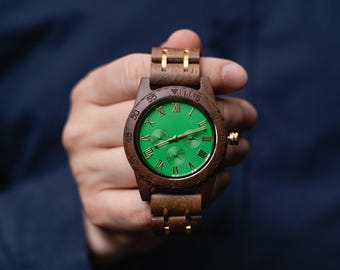 Engraved wood watch, Wood watch men green, Personalized watch men, Chronograph watch men, Green dial watches, Anniversary watches