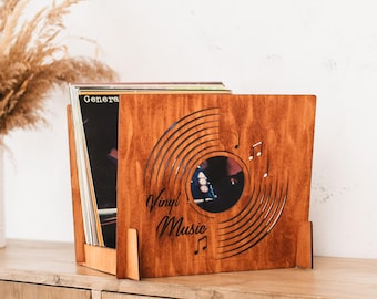 Custom vinyl record crate, Wooden vinyl record storage engraved, Vinyl record flip rack, Record storage stand, Vinyl record holder rack