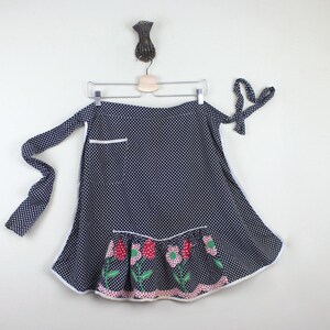 vintage 1970s Navy Gingham Half Apron with daisies tulips ruffles for baking Cookies & Sweet Treats with polka dots and rickrack image 1
