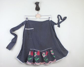 vintage 1970s Navy Gingham Half Apron with daisies + tulips + ruffles - for baking Cookies & Sweet Treats - with polka dots and rickrack