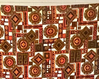 5 yards of vintage barkcloth fabric -  Orange + Copper + Reddish Brown + White + Black - Tiki, MOD geometric, MCM, 2 pcs - House n&#39; Home