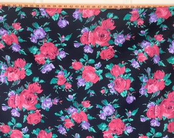 5 yards of vintage D&#39;Jon Fabric - dark floral, black + red + purple + green abstract, sketched watercolor rose print