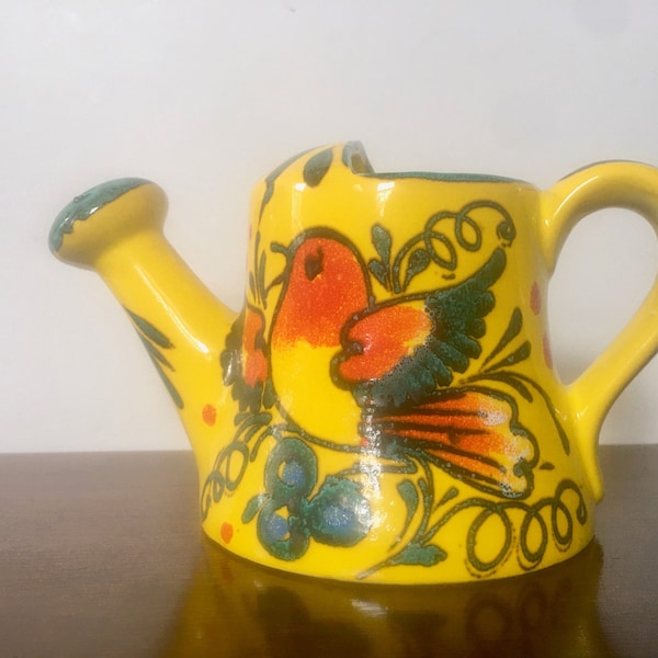 tweet, vintage ceramic watering can - Italian Pottery pitcher, hand painted BIRD, yellow + green + red - kitchen decor, houseplants, planter