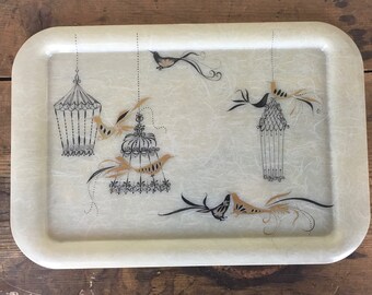 vintage serving tray, long tailed Birds & wrought iron birdcages - black + gold - Cocktail, TV, Lap, Bed, Tea Party, Wedding, Bridal Shower