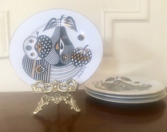 forbidden fruit, set of 4 vintage GEORGES BRIARD plates - black + metallic gold + white, pear + apple + strawberry - bread / dessert
