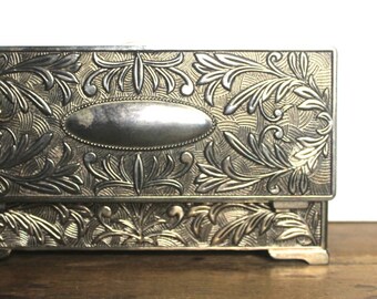 vintage 1980s silver-plate Repousse Jewelry Box, Godinger - elongated jewelry casket lined in velvet - Victorian Revival, Neo-Edwardian
