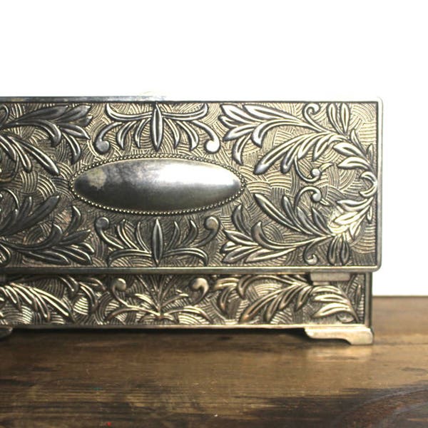 vintage 1980s silver-plate Repousse Jewelry Box, Godinger - elongated jewelry casket lined in velvet - Victorian Revival, Neo-Edwardian