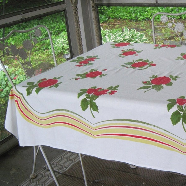 vintage Oblong Linen TABLECLOTH -Cottage Chic with BOLD red ROSES & green and yellow wavy Stripes - 53 x 64 inch
