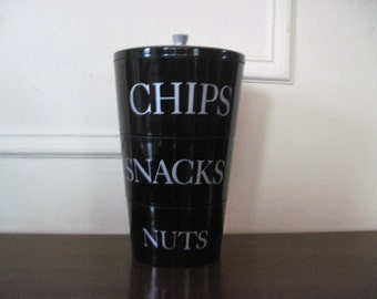 vintage black Art Deco stylized floral lacquer CHIPS, SNACKS, NUTS stacking bowls - Old Hollywood movie night, cocktail party, home theatre