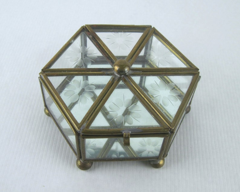 Vintage Brass Etched Floral Glass Footed Display Case With Etsy