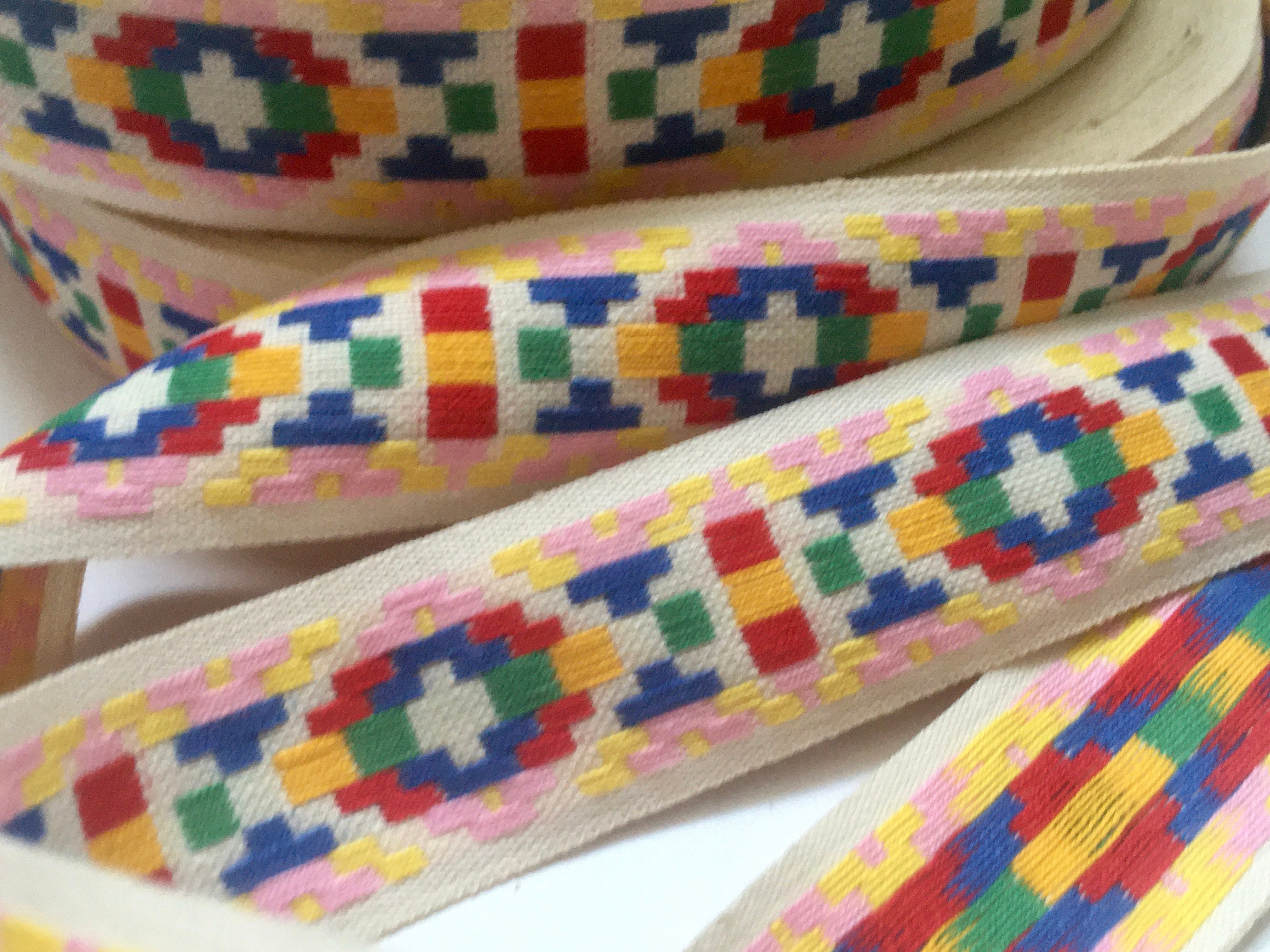 HUGE SPOOL of Vintage Geometric Cotton TRIM Pink Yellow Red Blue Green ...