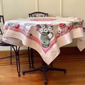 1950s square tablecloth, vintage white, pink, red + green table linen - cut glass pitchers + vases + flowers + daisies + bowls full of fruit