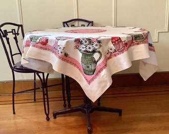 1950s square tablecloth, vintage white, pink, red + green table linen - cut glass pitchers + vases + flowers + daisies + bowls full of fruit