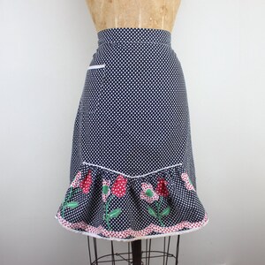 vintage 1970s Navy Gingham Half Apron with daisies tulips ruffles for baking Cookies & Sweet Treats with polka dots and rickrack image 2