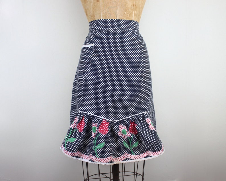 vintage 1970s Navy Gingham Half Apron with daisies tulips ruffles for baking Cookies & Sweet Treats with polka dots and rickrack image 2