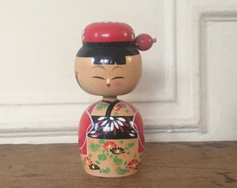 The Bobble-Head Kokeshi - vintage Japanese wooden doll, black + white + green + red - made in Japan