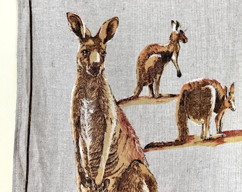 Roo, 1970s AUSTRALIAN Souvenir Linen + Cotton Tea Towel, vintage Dish Towel - kangaroo, kid and joey, the bush, handprinted