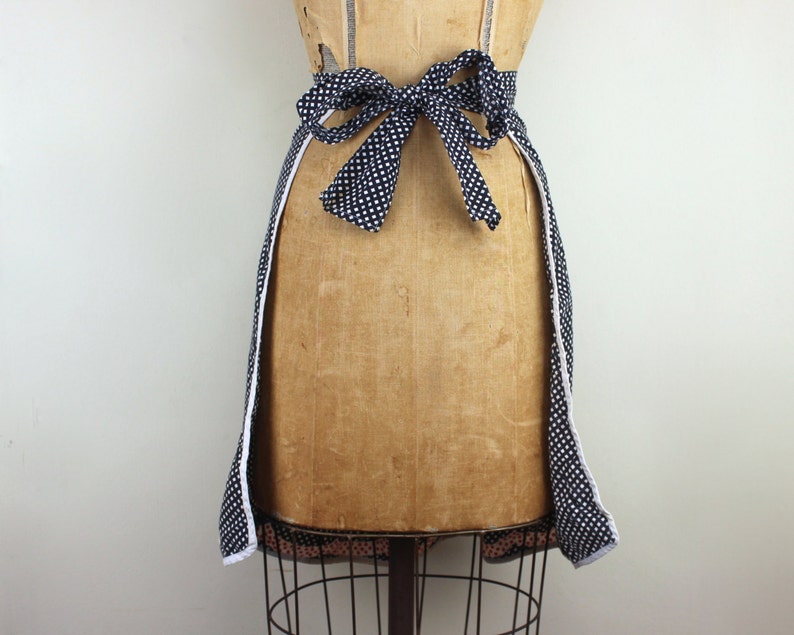 vintage 1970s Navy Gingham Half Apron with daisies tulips ruffles for baking Cookies & Sweet Treats with polka dots and rickrack image 5