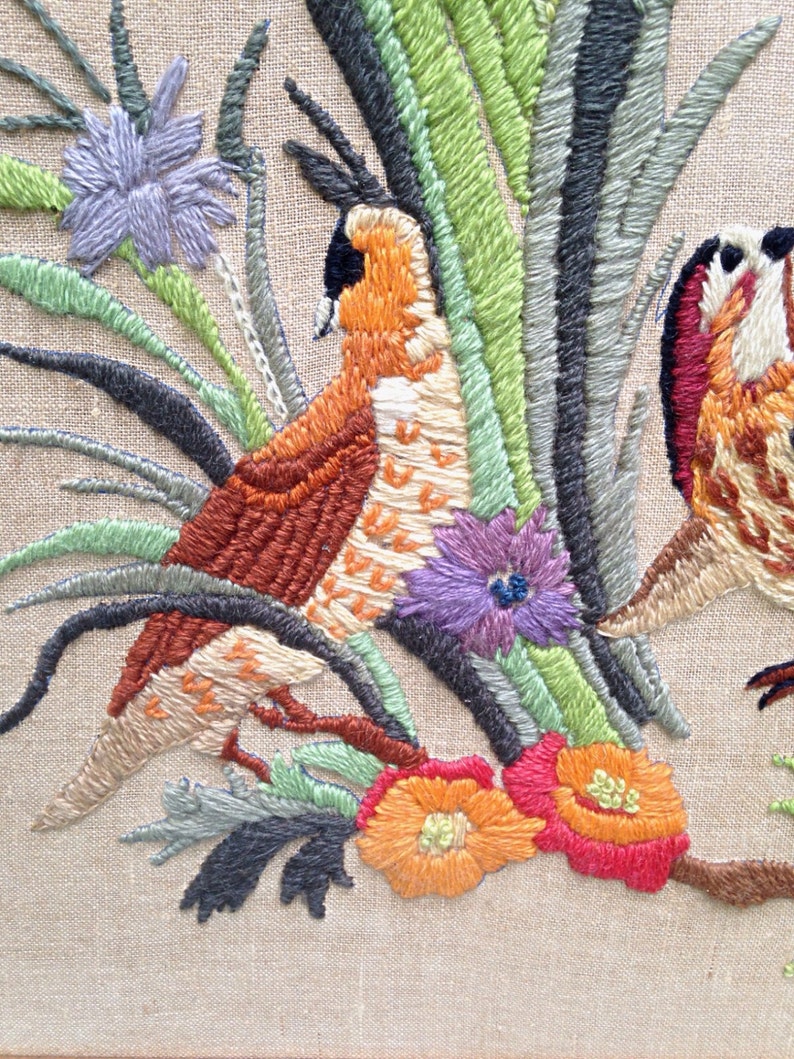 Vintage 70s Embroidered Bird Wall Art Flora and Fauna Pheasants and