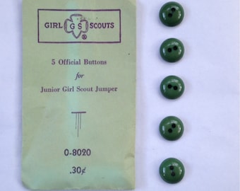 Vintage 1980s Green Girl Scout Uniform Buttons in Original Package - Set of 5 Official Buttons, Junior Jumper  0 - 8020