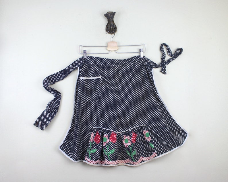 vintage 1970s Navy Gingham Half Apron with daisies tulips ruffles for baking Cookies & Sweet Treats with polka dots and rickrack image 1