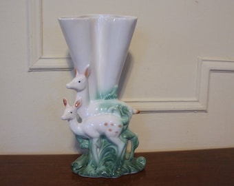 the Woodland Deer & Her Fawn - Large vintage 1940s Art Deco  ceramic Vase