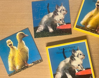 kittens & ducklings, vintage 1980s Wooden Jigsaw Puzzles - COMPLETE - original box,20 pieces/ea - made in West Germany - baby cats +ducks
