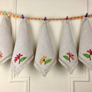 vintage cotton + linen Dinner Napkins with embroidered daisy flowers, set of 5 - Summer Soiree - yellow black eye suzy + pink + red daisies